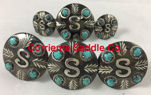 Set of 4 Slotted 1-1/2 Western Saddle Tack Turquoise Stone Conchos CO —  Challenger